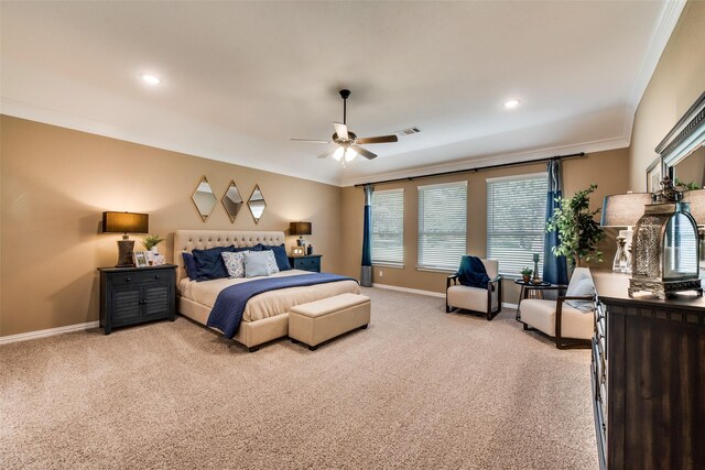 bedroom with ornamental molding, light carpet, baseboards, recessed lighting, and a ceiling fan