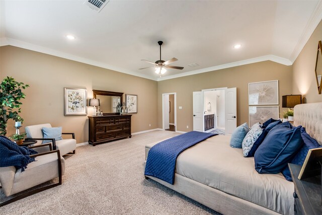 bedroom featuring carpet, ornamental molding, baseboards, ensuite bath, and recessed lighting