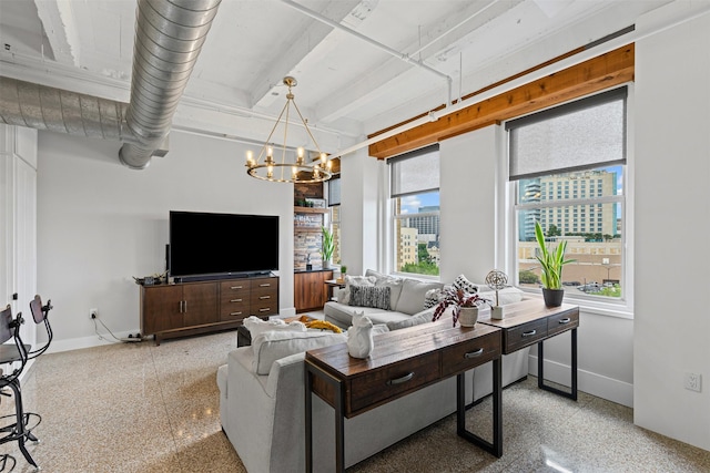 221 W Lancaster Ave Unit 4012, Fort Worth, TX 76102 - living area with baseboards, a chandelier, and beamed ceiling