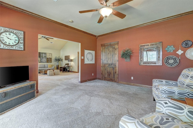 carpeted living room with ceiling fan, baseboards, crown molding, and lofted ceiling