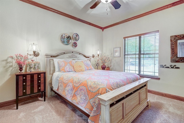 bedroom with light carpet, ornamental molding, baseboards, and a ceiling fan