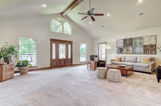 living area featuring high vaulted ceiling, carpet flooring, beam ceiling, ceiling fan, and recessed lighting