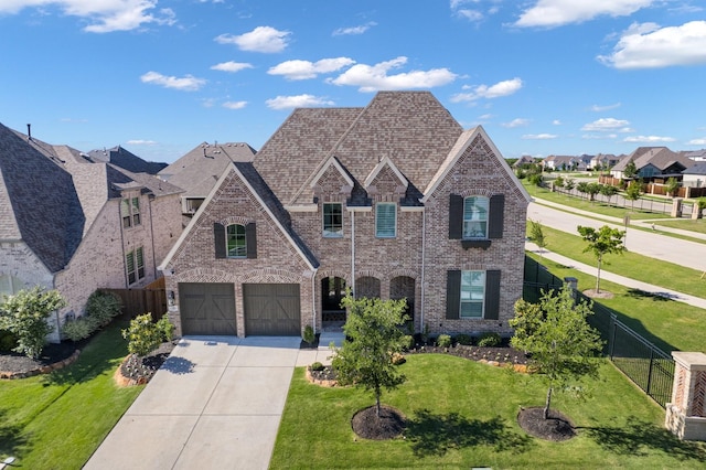 2200 Sandalwood Dr, Prosper, TX 75078 - french country home with a garage, brick siding, concrete driveway, a residential view, and roof with shingles