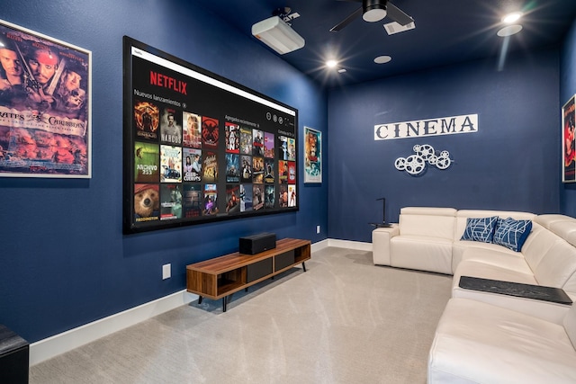 2200 Sandalwood Dr, Prosper, TX 75078 - carpeted home theater room featuring ceiling fan, baseboards, and recessed lighting