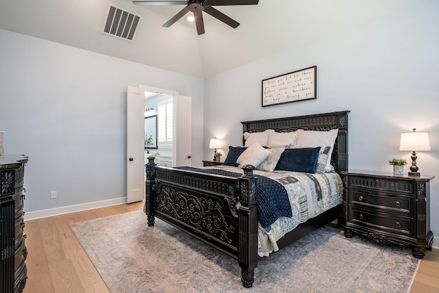 2200 Sandalwood Dr, Prosper, TX 75078 - bedroom with wood finished floors, baseboards, vaulted ceiling, and a ceiling fan