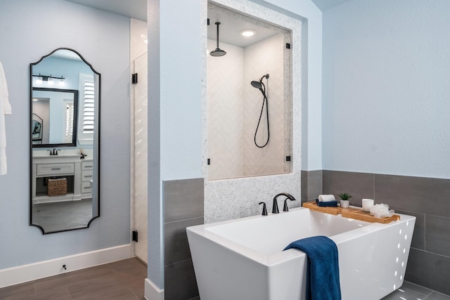2200 Sandalwood Dr, Prosper, TX 75078 - full bathroom featuring tile walls, a shower, a freestanding bath, and a sink