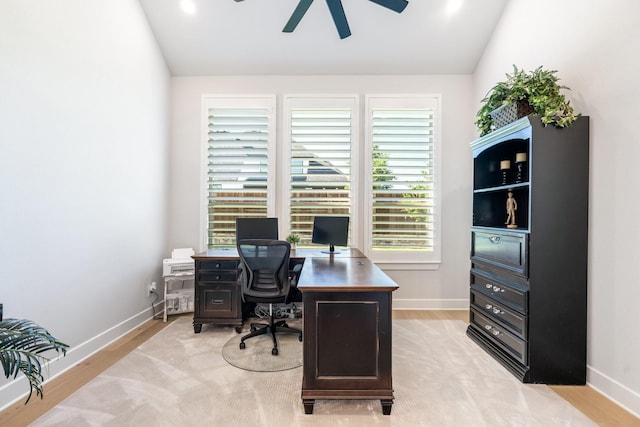 2200 Sandalwood Dr, Prosper, TX 75078 - office space with a ceiling fan, vaulted ceiling, baseboards, and light wood-style flooring
