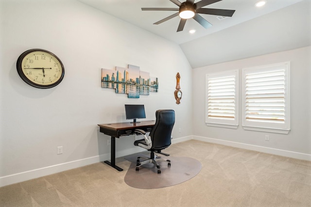 2200 Sandalwood Dr, Prosper, TX 75078 - home office featuring ceiling fan, light colored carpet, baseboards, lofted ceiling, and recessed lighting