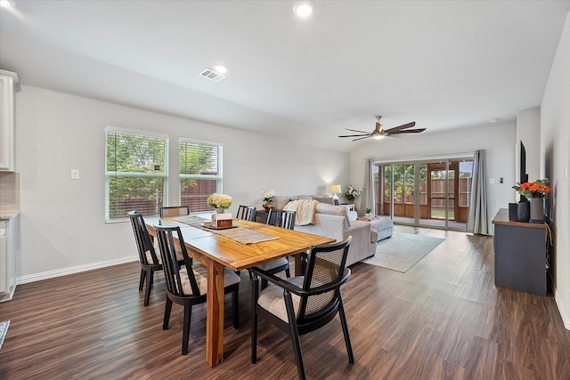 252 Rosewood Dr, Lavon, TX 75166 - dining room featuring ceiling fan, dark wood finished floors, and baseboards