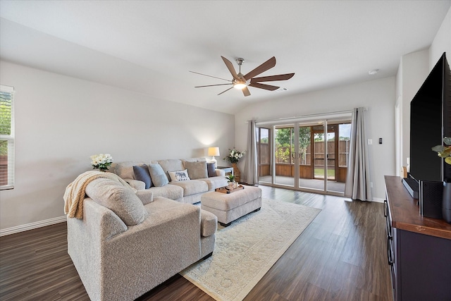 252 Rosewood Dr, Lavon, TX 75166 - living area featuring ceiling fan, dark wood-type flooring, baseboards, and lofted ceiling