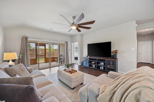 252 Rosewood Dr, Lavon, TX 75166 - living room featuring ceiling fan, attic access, wood finished floors, baseboards, and lofted ceiling