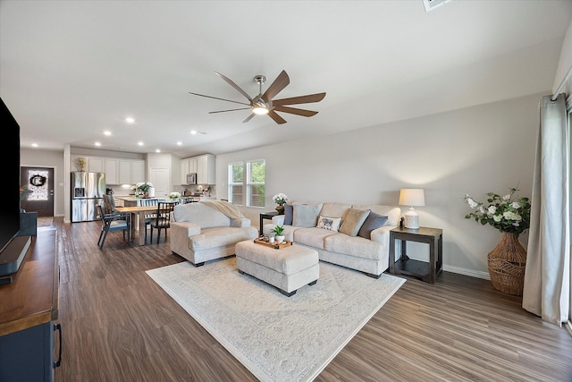 252 Rosewood Dr, Lavon, TX 75166 - living room featuring a ceiling fan, dark wood-style flooring, baseboards, and recessed lighting