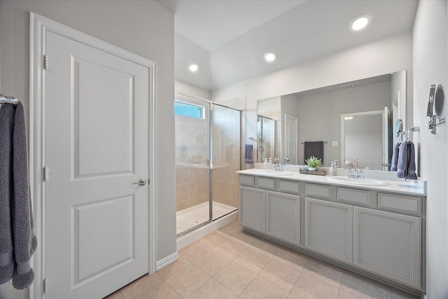 252 Rosewood Dr, Lavon, TX 75166 - bathroom with a stall shower, double vanity, tile patterned floors, and recessed lighting