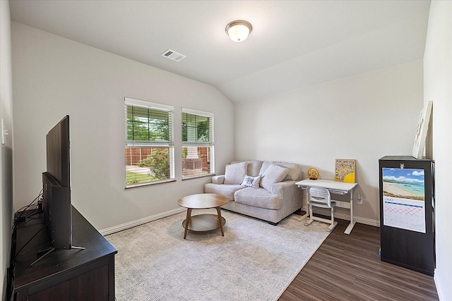 252 Rosewood Dr, Lavon, TX 75166 - living room featuring baseboards, dark wood-style floors, and vaulted ceiling