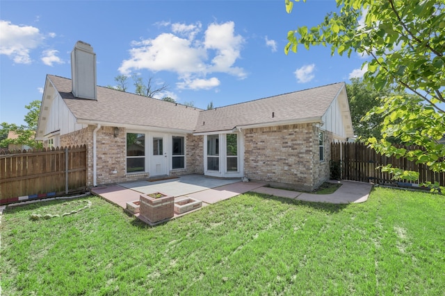 2848 Oxford Ln, Flower Mound, TX 75028 - back of property featuring brick siding, a patio, a chimney, and a shingled roof