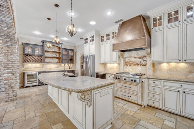 1700 Tall Timber Dr, Tyler, TX 75703 - kitchen featuring stainless steel appliances, wine cooler, custom range hood, a sink, and open shelves