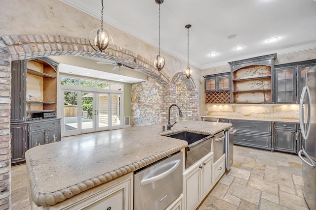 1700 Tall Timber Dr, Tyler, TX 75703 - kitchen with open shelves, appliances with stainless steel finishes, ornamental molding, a sink, and a ceiling fan