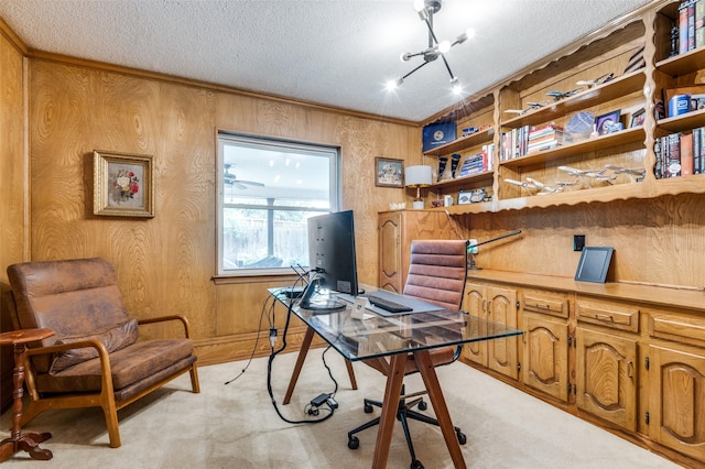109 Tuscany Ct, Irving, TX 75062 - office area with a textured ceiling, light colored carpet, wooden walls, and a chandelier