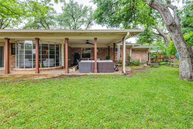 109 Tuscany Ct, Irving, TX 75062 - rear view of property with a ceiling fan, an outdoor living space, a patio area, and brick siding