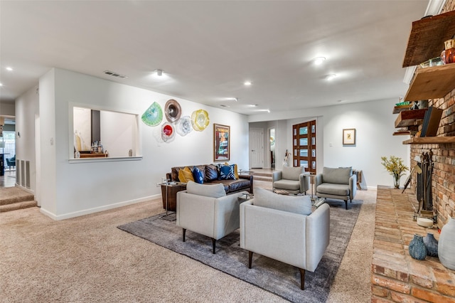 109 Tuscany Ct, Irving, TX 75062 - carpeted living room featuring a brick fireplace, baseboards, and recessed lighting