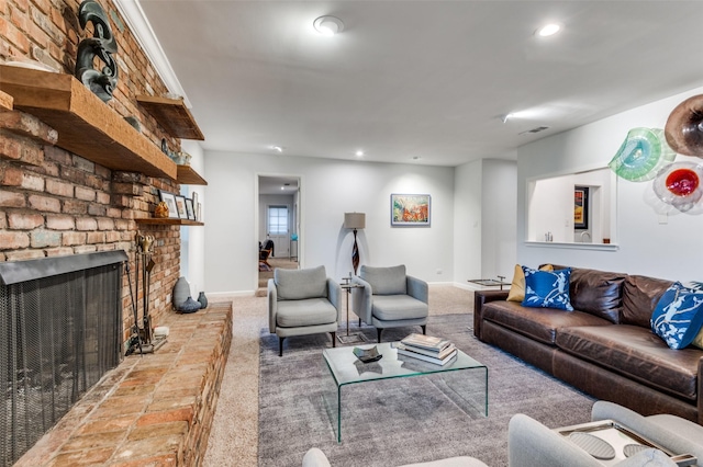 109 Tuscany Ct, Irving, TX 75062 - living area with baseboards, carpet floors, a brick fireplace, and recessed lighting