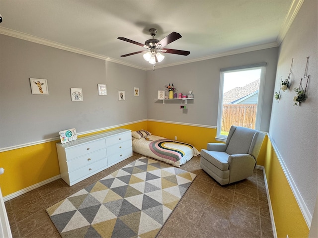 bedroom with ornamental molding, baseboards, tile patterned flooring, and a ceiling fan