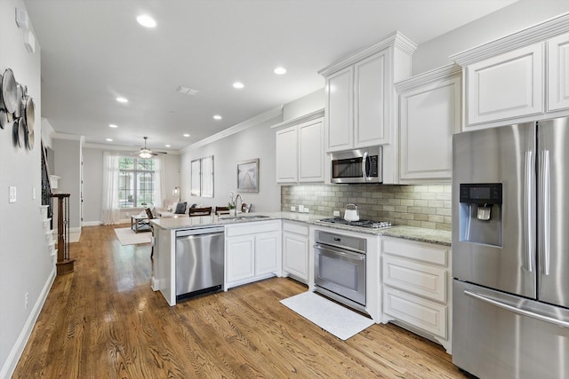 829 Milton Way, Coppell, TX 75019 - kitchen with appliances with stainless steel finishes, a peninsula, ornamental molding, a sink, and open floor plan