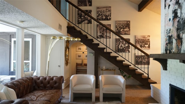 7640 Skylake Dr, Fort Worth, TX 76179 - stairs with carpet, high vaulted ceiling, and arched walkways