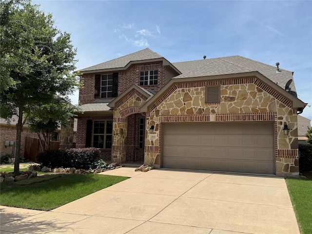 3400 Glen Crest Ln, Denton, TX 76208 - view of front of property with stone siding, concrete driveway, an attached garage, and a shingled roof