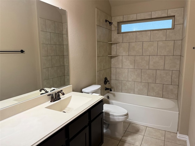 3400 Glen Crest Ln, Denton, TX 76208 - bathroom featuring tile patterned flooring, toilet, shower / washtub combination, vanity, and a textured wall