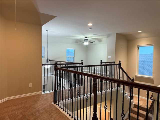 3400 Glen Crest Ln, Denton, TX 76208 - hall with carpet flooring, an upstairs landing, baseboards, and recessed lighting