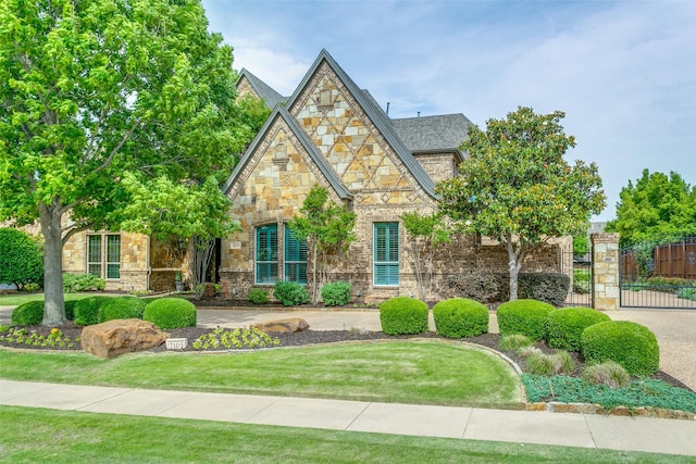 tudor home with stone siding and a gate