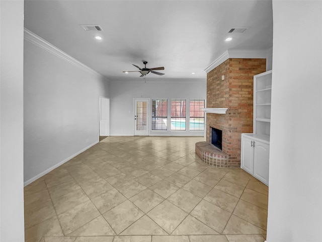 2303 Ox Bow Ct, Arlington, TX 76006 - unfurnished living room featuring crown molding, ceiling fan, light tile patterned floors, recessed lighting, and a fireplace