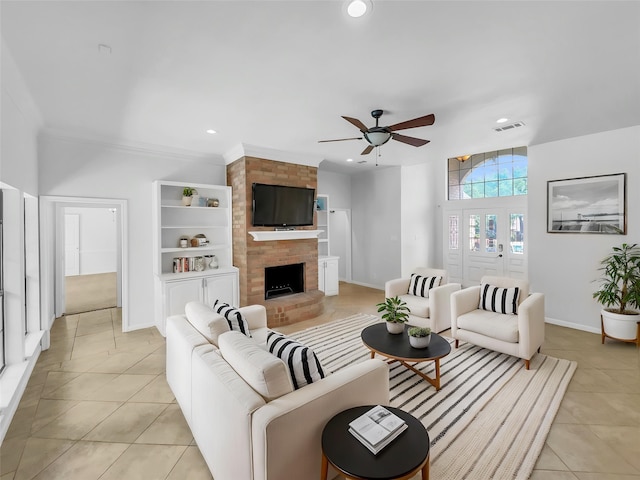 2303 Ox Bow Ct, Arlington, TX 76006 - living area with light tile patterned floors, ceiling fan, recessed lighting, baseboards, and a fireplace