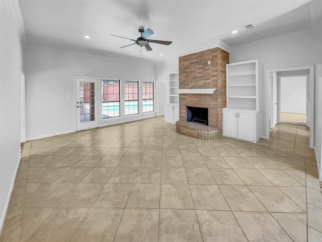 2303 Ox Bow Ct, Arlington, TX 76006 - unfurnished living room featuring ceiling fan, a brick fireplace, ornamental molding, light tile patterned floors, and recessed lighting