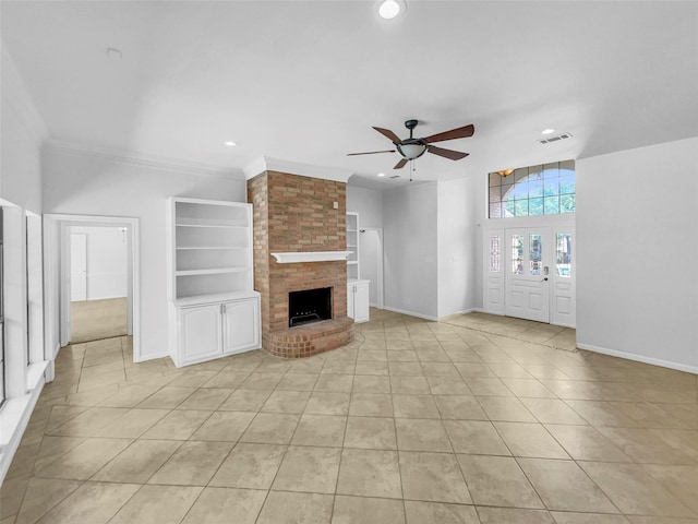 2303 Ox Bow Ct, Arlington, TX 76006 - unfurnished living room featuring a ceiling fan, a brick fireplace, light tile patterned floors, recessed lighting, and ornamental molding