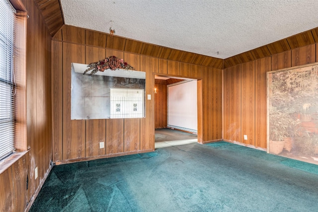 carpeted spare room with wood walls, a textured ceiling, and baseboards
