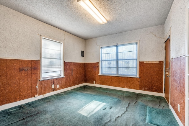 carpeted empty room with a textured ceiling, a wainscoted wall, and wooden walls
