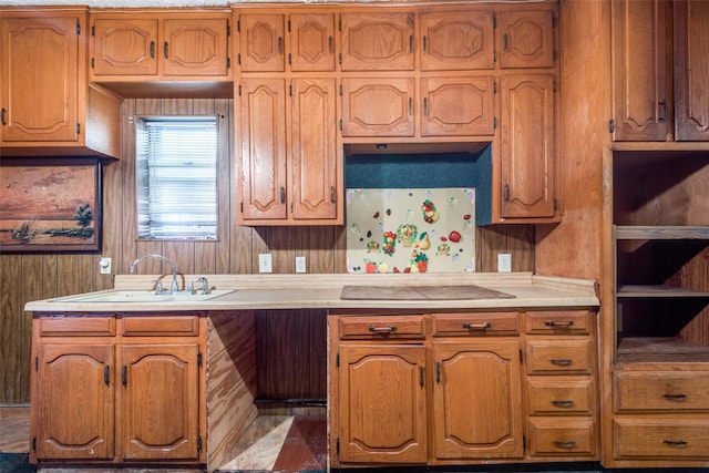 kitchen with a sink, black electric stovetop, light countertops, and brown cabinetry