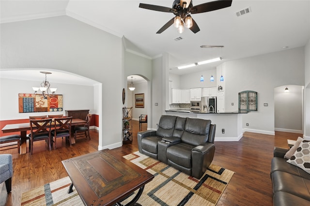 living room with arched walkways, high vaulted ceiling, a ceiling fan, crown molding, and wood finished floors