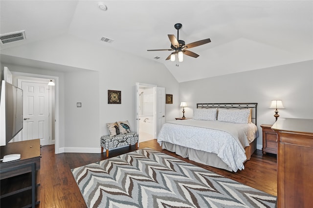 bedroom with vaulted ceiling, wood finished floors, baseboards, a ceiling fan, and ensuite bathroom