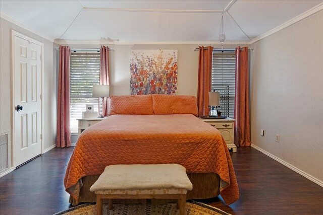 228 Mccarley Pl, Mckinney, TX 75071 - bedroom featuring dark wood finished floors, baseboards, ornamental molding, and vaulted ceiling