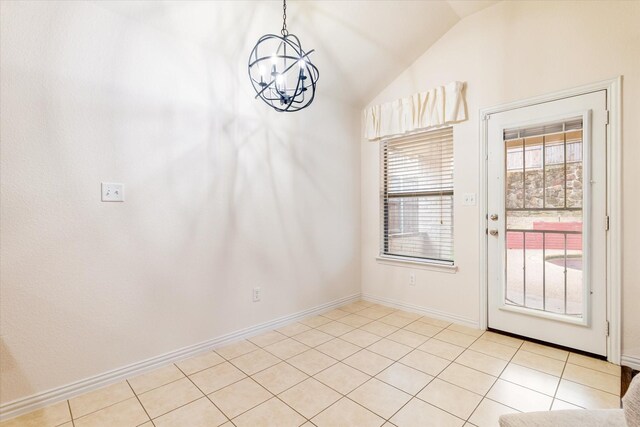 505 Osage Dr, Mckinney, TX 75071 - unfurnished dining area featuring a chandelier, vaulted ceiling, baseboards, and light tile patterned flooring