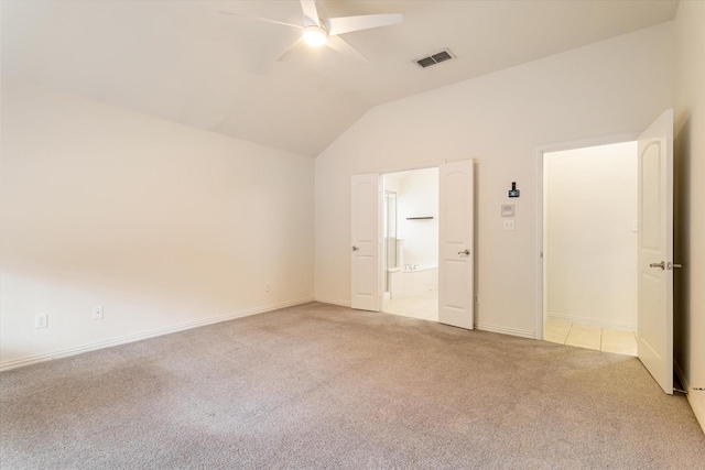 505 Osage Dr, Mckinney, TX 75071 - unfurnished bedroom with light colored carpet, lofted ceiling, baseboards, ensuite bathroom, and a ceiling fan
