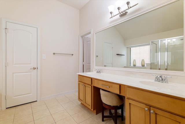 505 Osage Dr, Mckinney, TX 75071 - full bathroom featuring double vanity, lofted ceiling, tile patterned floors, and a stall shower