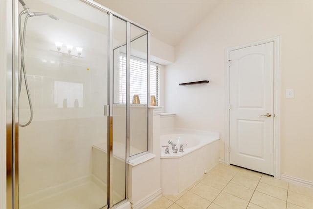 505 Osage Dr, Mckinney, TX 75071 - full bath featuring a stall shower, a garden tub, tile patterned flooring, vaulted ceiling, and baseboards