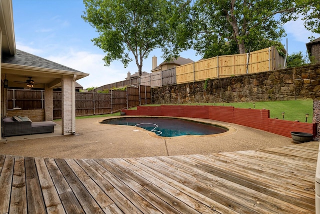 505 Osage Dr, Mckinney, TX 75071 - view of swimming pool featuring a wooden deck, a fenced backyard, ceiling fan, and a patio