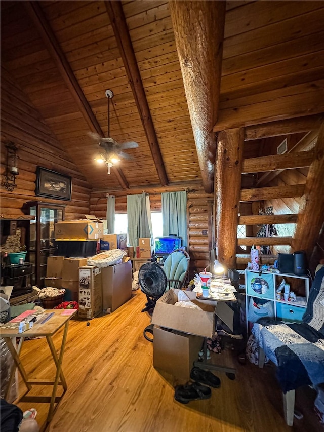 13721 Old China Spring Rd, China Spring, TX 76708 - office area featuring log walls, hardwood / wood-style floors, wooden ceiling, and ceiling fan