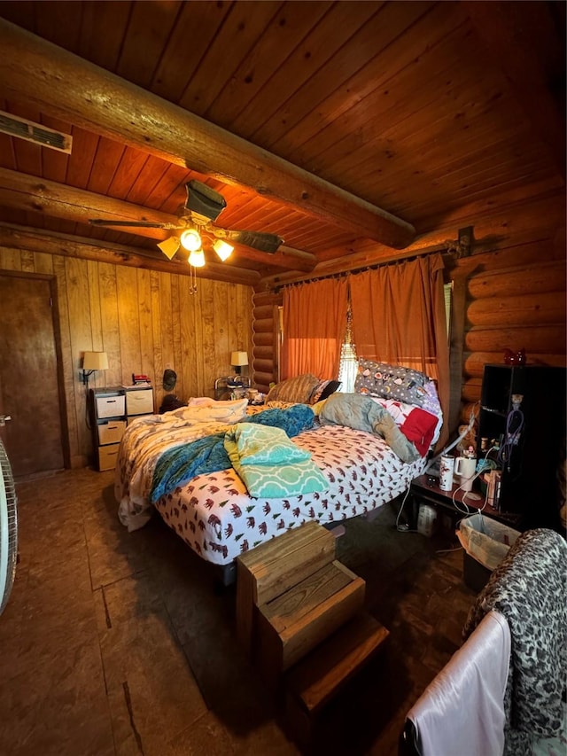 13721 Old China Spring Rd, China Spring, TX 76708 - bedroom with wooden ceiling, beam ceiling, and log walls