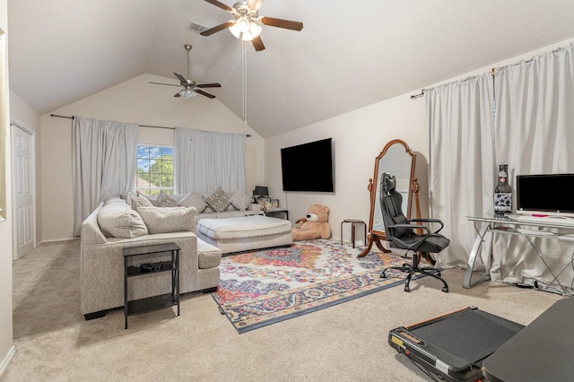 7013 Caldwell Ln, Plano, TX 75025 - carpeted living area featuring ceiling fan, lofted ceiling, and baseboards